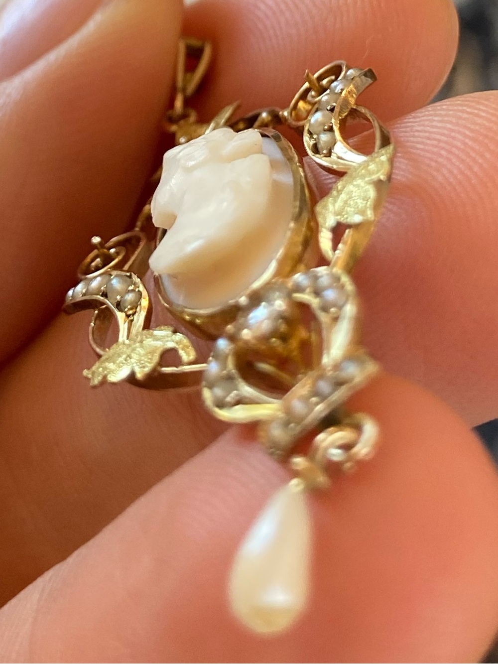 Antique Victorian 10K Diamond, Seed Pearl, Angel Skin Coral Carved Cameo Pendant - Picture 16 of 17